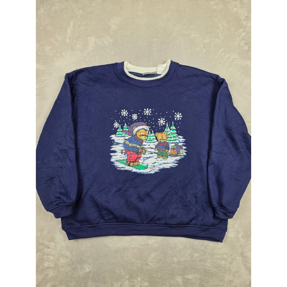 Vintage Basic Editions Sweatshirt Women XL Blue Winter Bear Skiing *Read